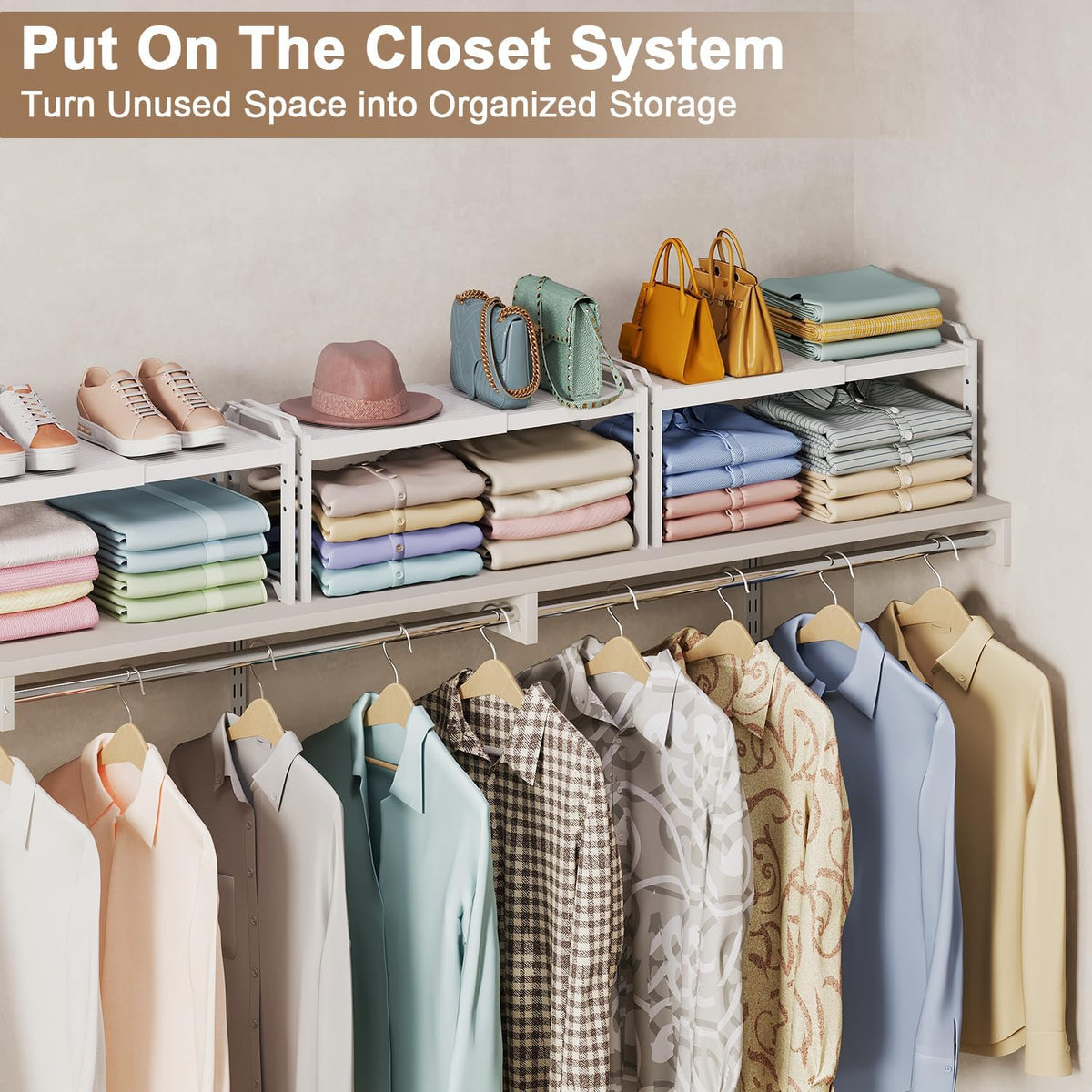 cottage charm expandable stackable closet shelf organizer, adjustable on a desk or shelf