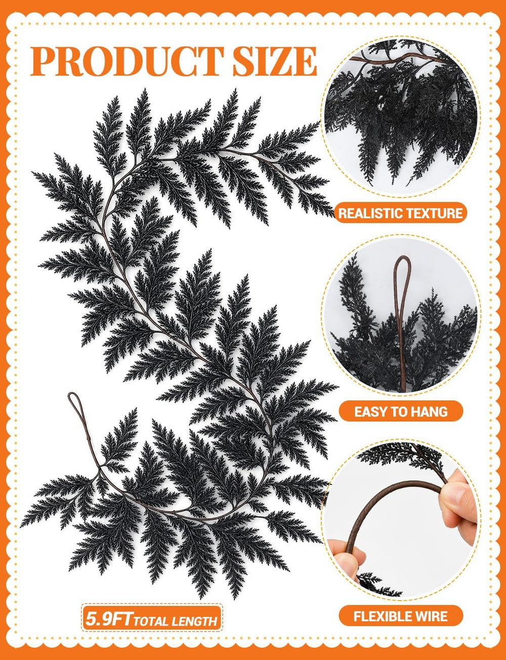 2 PCS 5.91 FT Black Halloween Cedar Pine Garland, Realistic Spooky