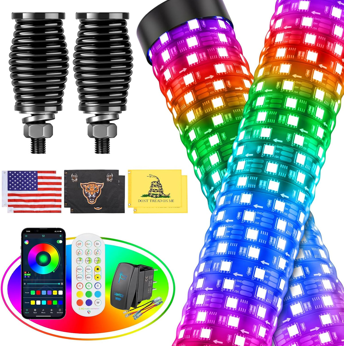 2PCS 4FT Fat Whip Lights for UTV ATV