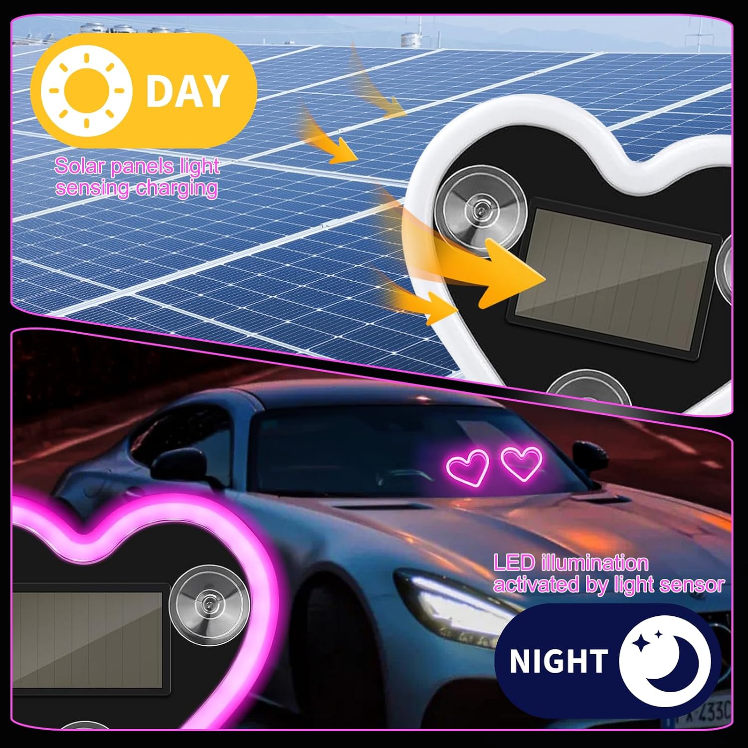 2Pcs Solar Powered Heart Shape Car Ambient Light, Pink LED Neon Light for Car Back Window Decoration, 5 Modes, Romantic Gift for Christmas Valentine's Day