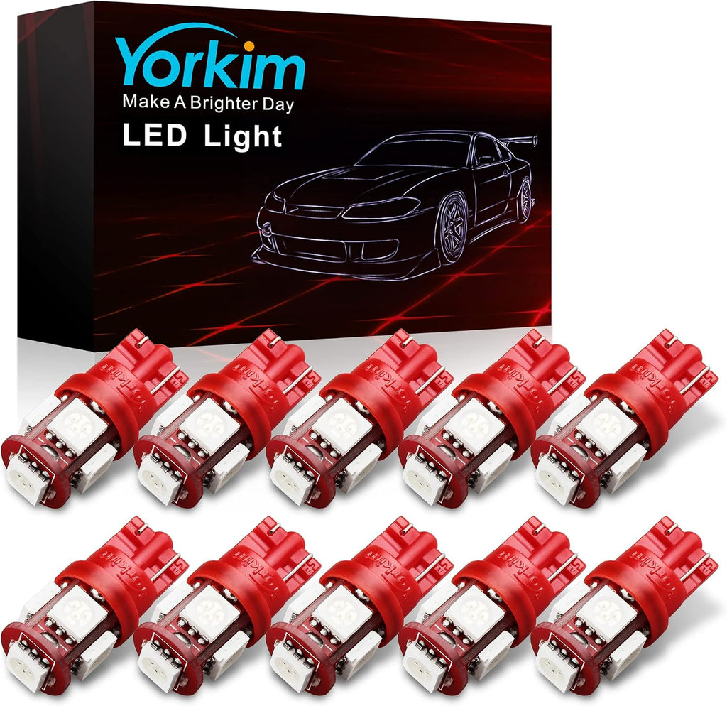 Yorkim 194 LED Bulbs Red Super Bright New 5th Generation,T10 168 LED Bulb for Car Interior Dome License Plate Map Door Courtesy Lights W5W 2825,Pack of 10