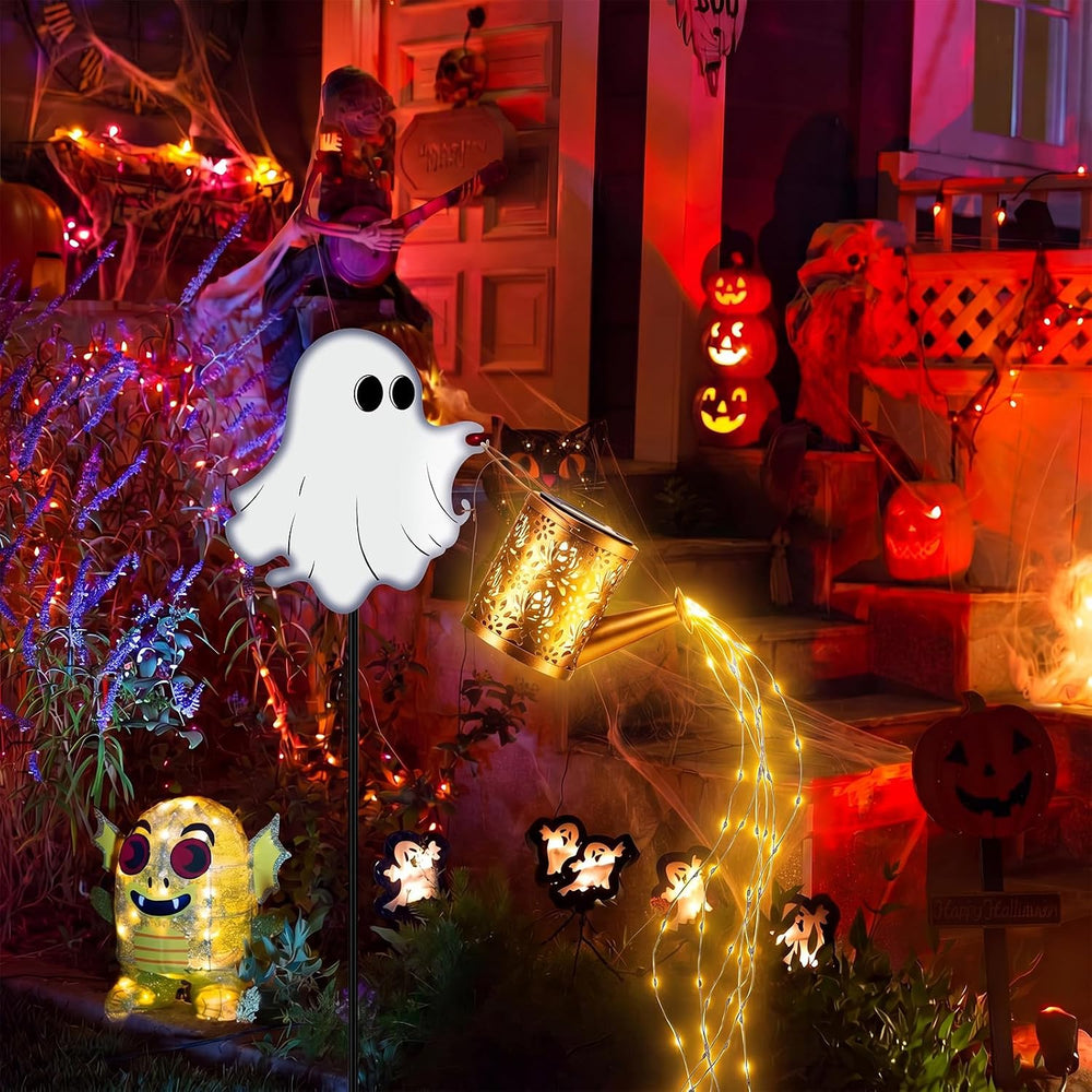 2pcs Halloween Ghost Solar Lights Outdoor Kettle Light Decor, Warm Light