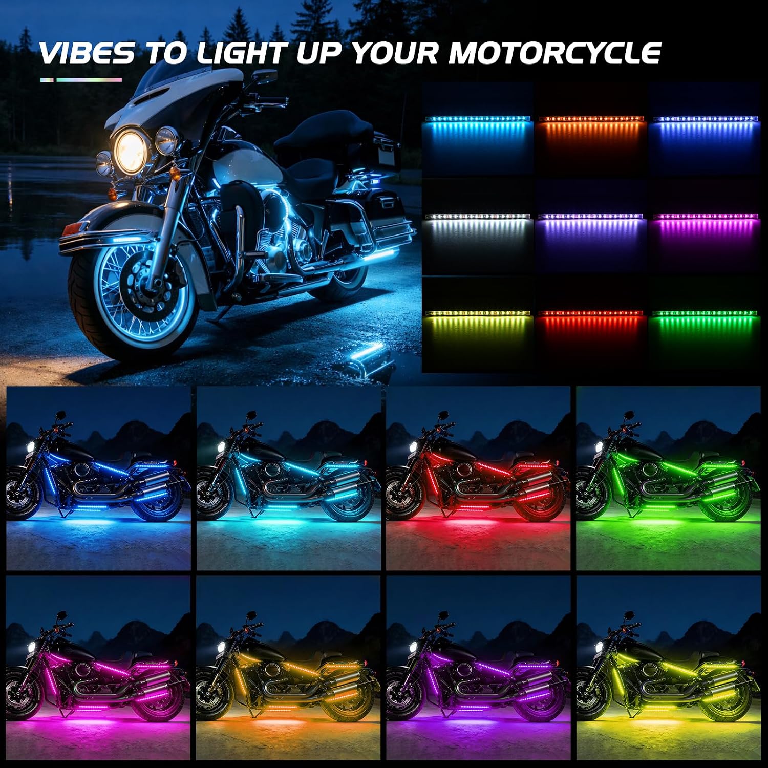Nilight 8PCS Motorcycle RGB Led Light Kit Waterproof Multi-Color Atmosphere Lights Lamp with 4Key RF Wireless Remote for Harley Davidson Honda Kawasaki Suzuki, 2 Years Warranty (TL-42)