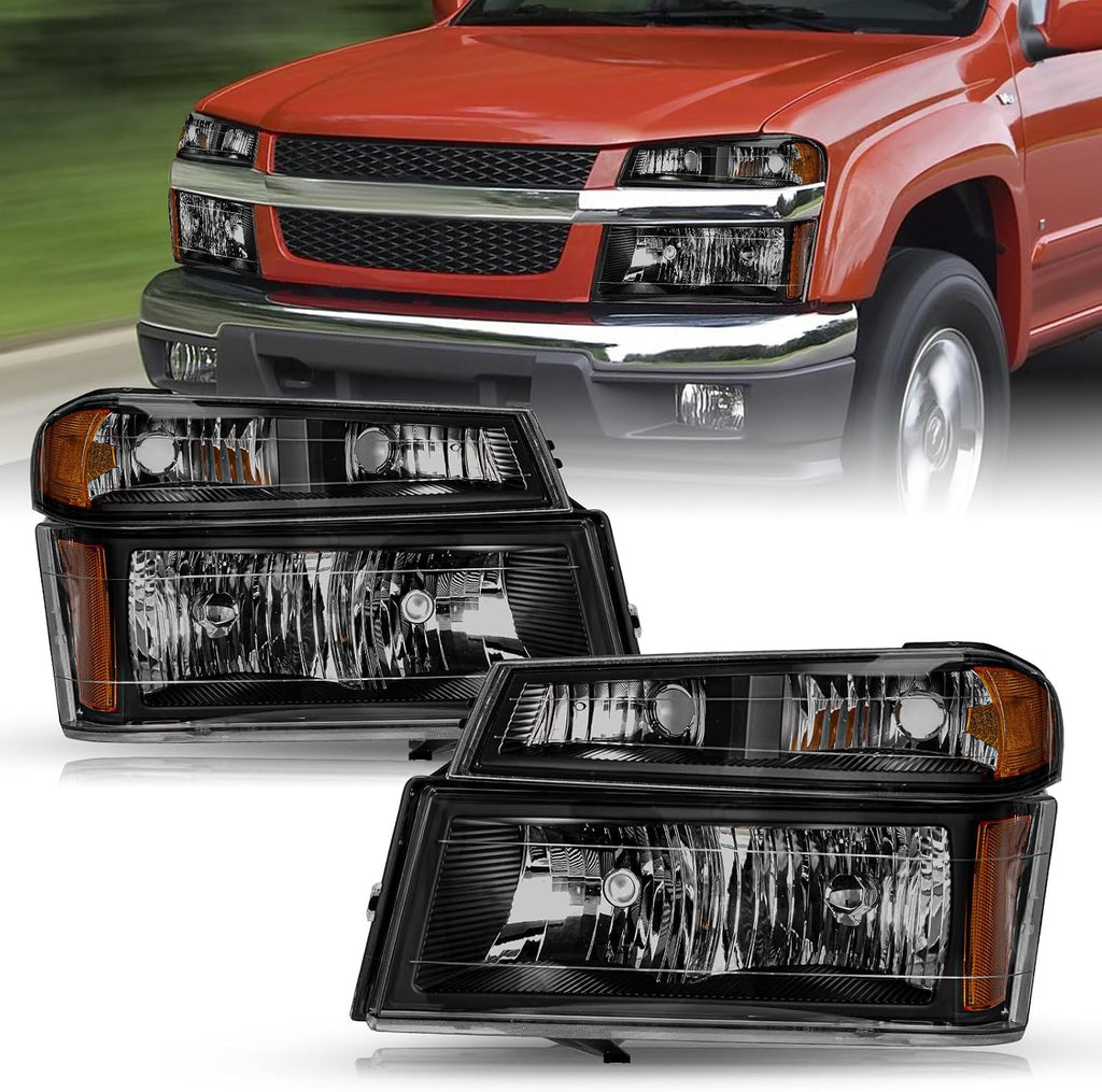 TUSDAR 4pcs Headlight Assembly Set Replacement for 2004-2012 Chevy Colorado/GMC Canyon, 2006-2008 Isuzu I-Series w/Bumper Lights Black & Smoke