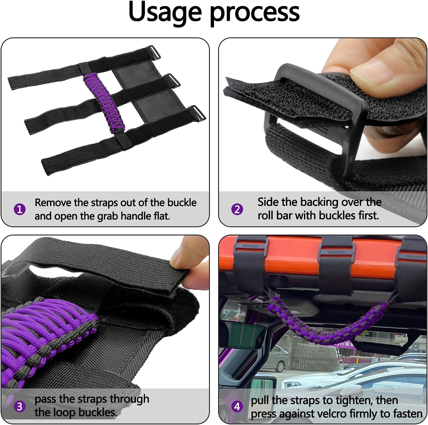 Kujunpao4 X Roll Bar Grab Handles Grip Handle Compatible with Jeep Wrangler JLU JK JKU TJ YJ LJ JT JL & Gladiator JT 1987-2021 UTV & ATV, Fits 1.5 to 3 Inch Bars 3 Straps Woven Holder(Purple)