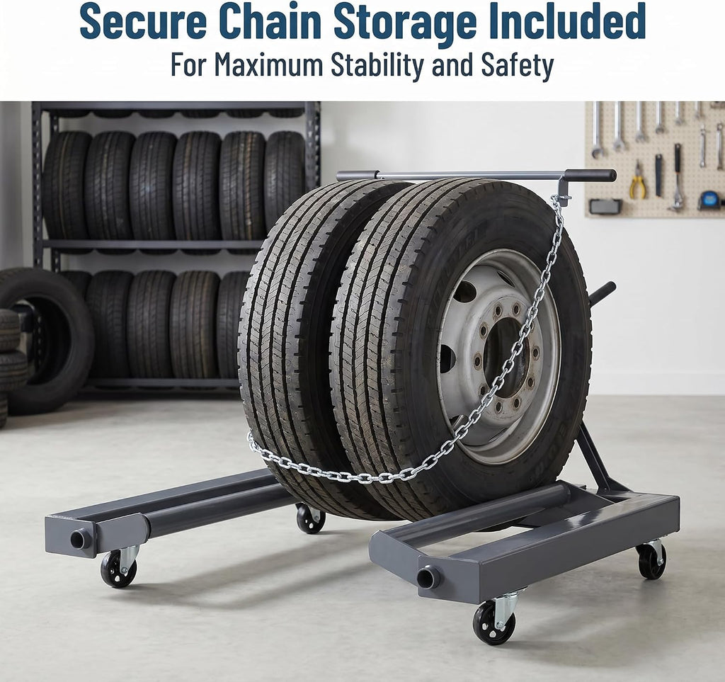 1500 lb Dual Wheel Dolly with Built-in Jack, Adjustable Height for Large Trucks, 3 Swivel Casters, 5ft Chain for Secure Transport