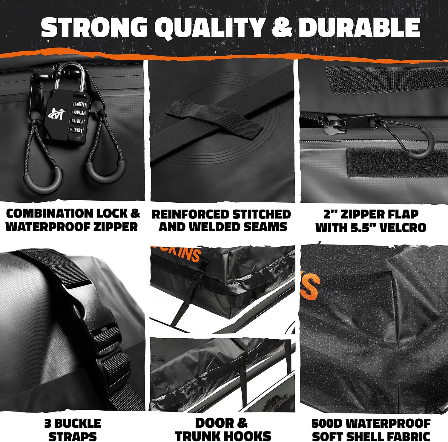 Mockins 40 CuFt XXL Soft-Shell Car Roof Bag 72"x48"x20" with Accessories | Waterproof Rooftop Cargo Carrier for Top of Vehicle | Car Top Carrier Without Roof Rack for Car, Truck, SUV, Van & RV