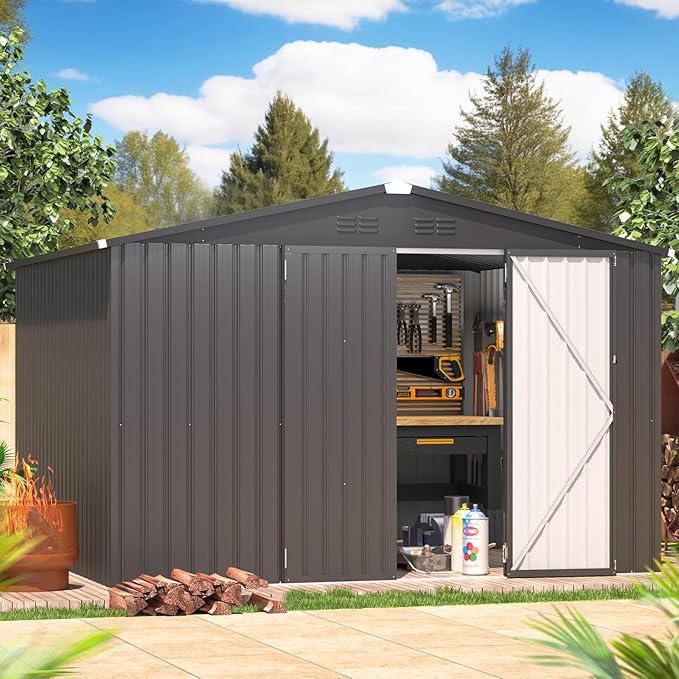 AECOJOY 10' x 8' Shed, Outdoor Metal Storage Shed, Dark Grey Sheds & Outdoor by AECOJOY