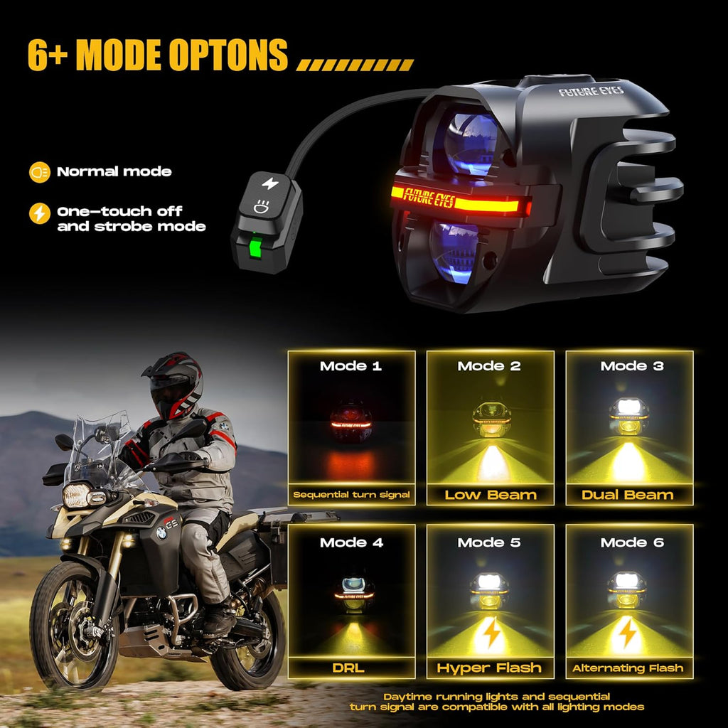 Future Eyes Motorcycle Fog Lights 120W LED Amber Auxiliary Driving Lights with DRL & Strobe, IP67 Waterproof Motorcycle Light for Night Riding, Off-Road, Dirt Bike, ATV, UTV, Golf Cart
