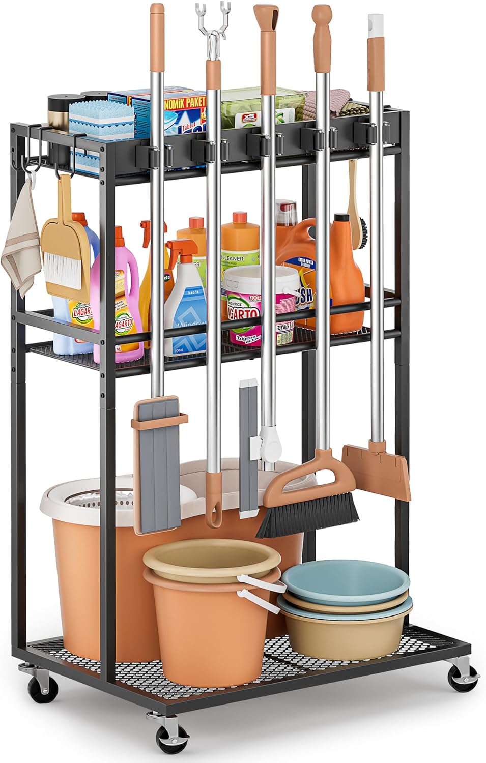 broom holder with cleaning supplies organizer, broom closet, main product view
