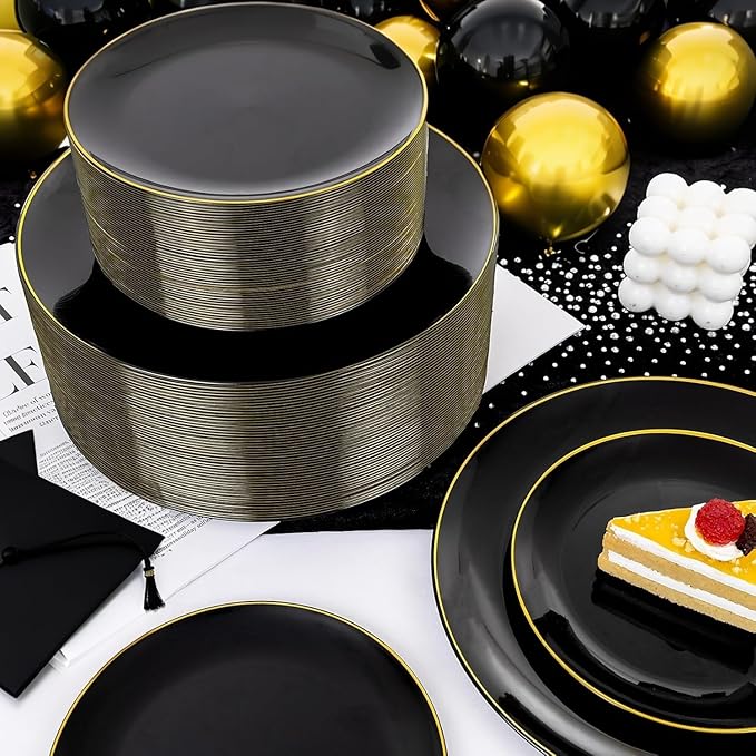 KIRE 350 PCS Plastic Dinnerware Set for 50 Guests - Black and Gold Plates 50 ...