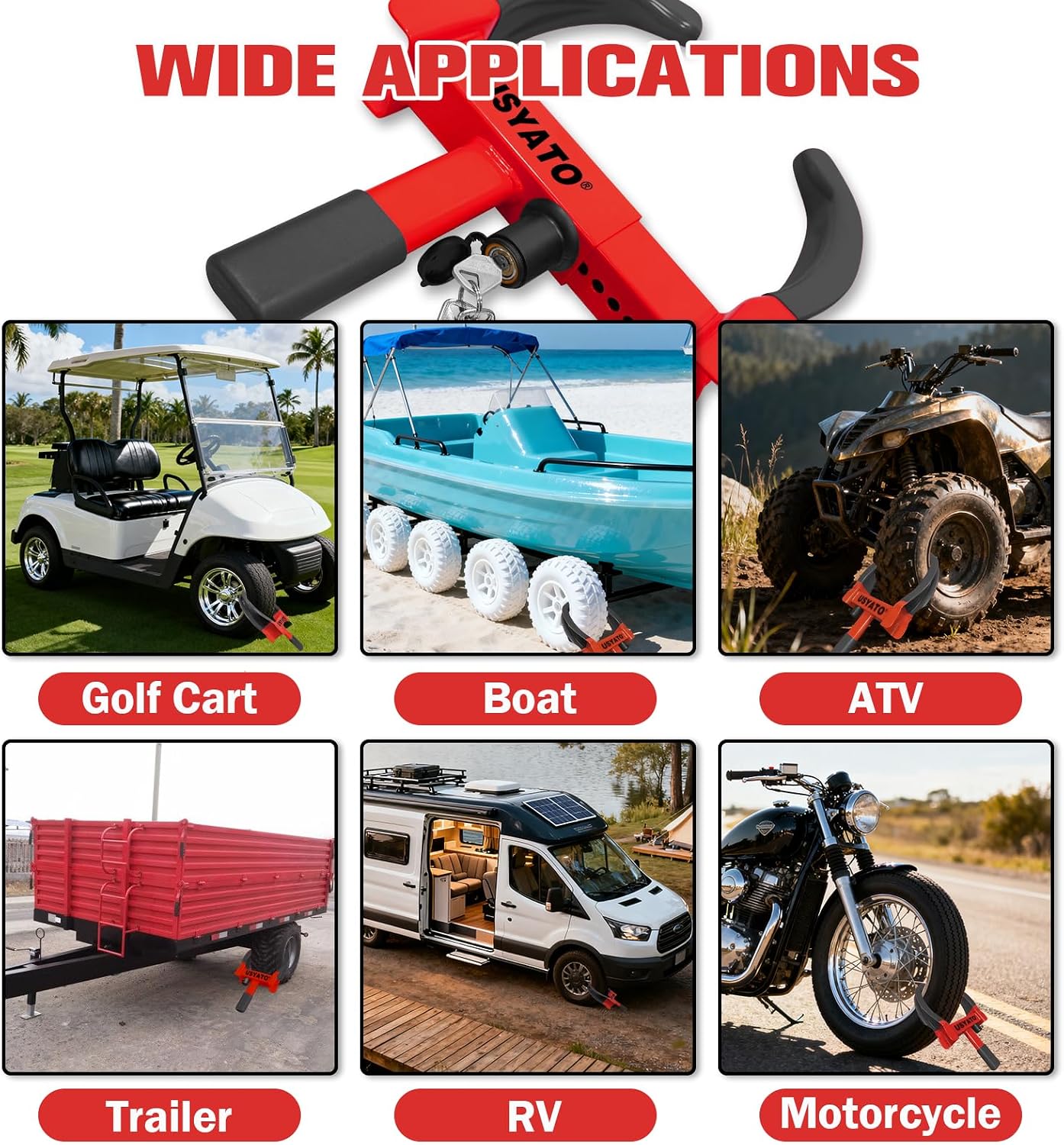 2Pcs Universal Heavy Duty Wheel Lock - Anti Theft Trailer Lock & Car Boot, Adjustable Security Tire 11.4" for Trailers, Cars, Golf Cart, ATV, SUV, RV, Boat, Camper, Motorcycle,6 Keys,Red+Black