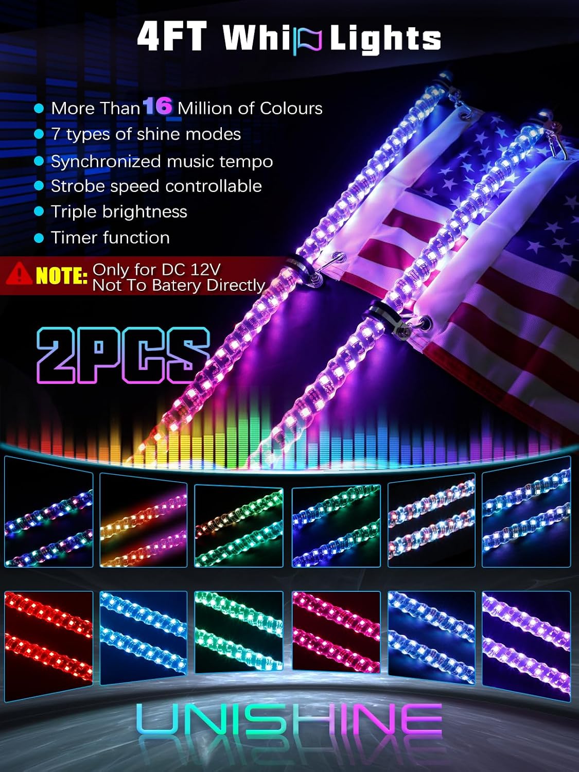 UNI-SHINE 2PCS 4FT LED Whip Lights with Spring Base Spiral RGB Chasing Lights with APP & Remote Control, Music Antenna Whip Light for Can-Am UTV ATV RZR Can-Am SXS Polaris Offroad