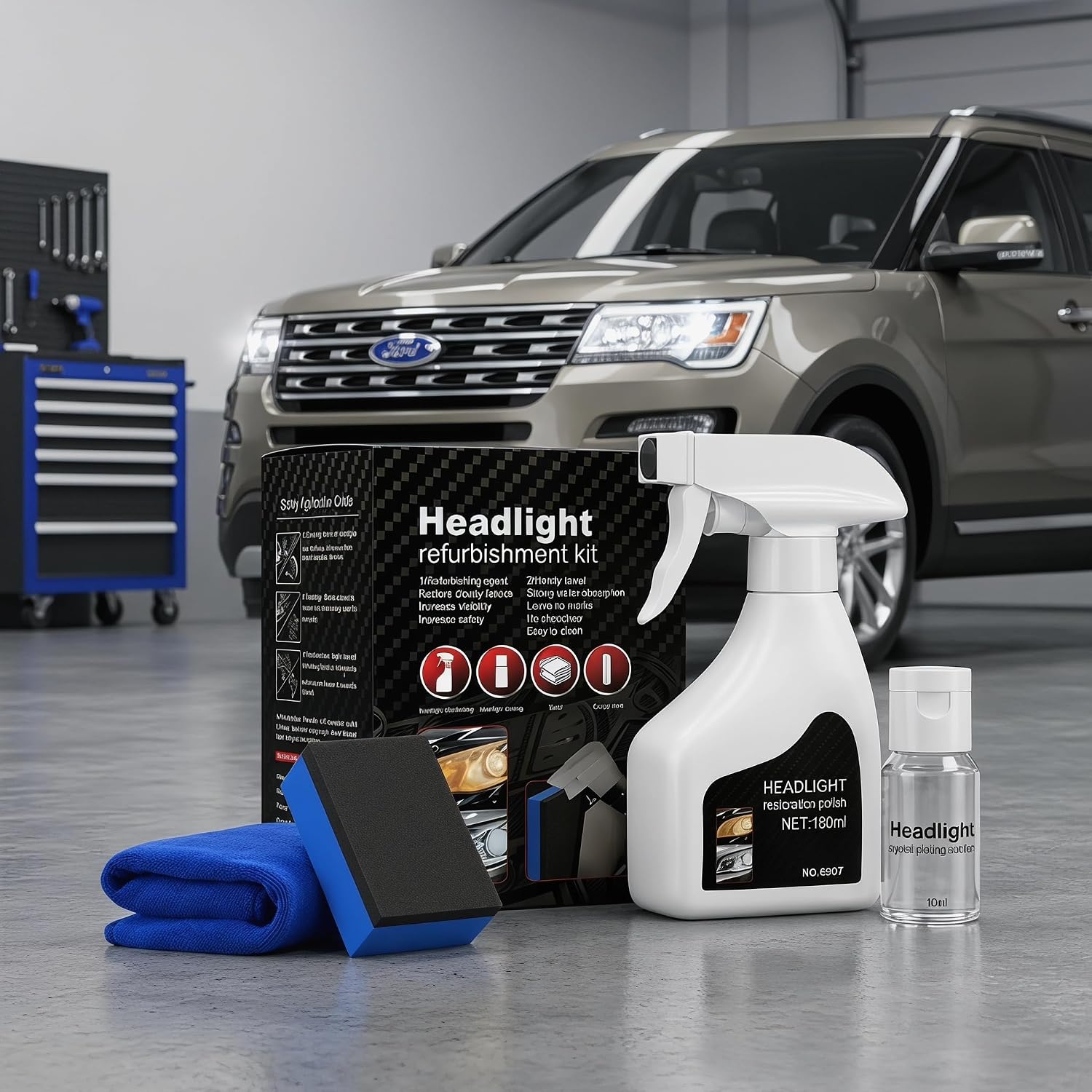 Headlight Restoration Kit for Cars, Headlight Repair Kit 180mL + 10mL, Headlight Cleaner and Restorer for Cloudy, Yellowed and Oxidized Lenses, Car Headlight Lens Cleaner 1 Pack