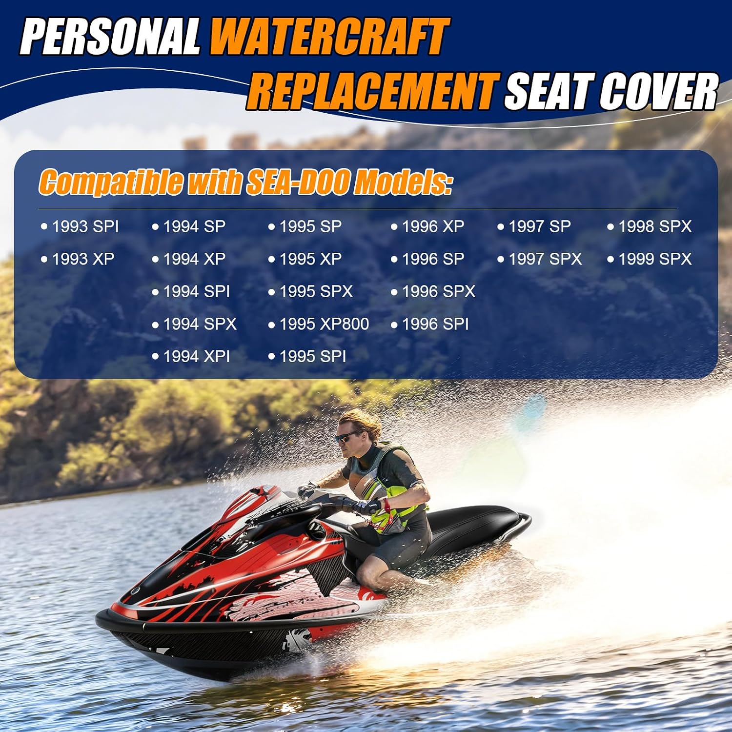 Seat Cover Replacement for 1993-1996 SeaDoo SP/SPI/SPX/XP/XPI/XP800 | 3-Layer Custom Fit Faux Leather: Waterproof, Filter Inner, Tough Base. Staple Install (Basic Setup Accessories Kit Included)