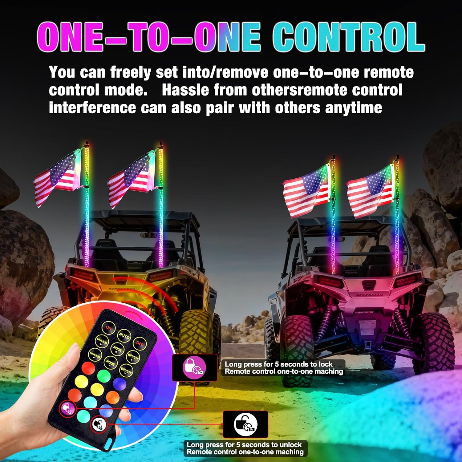 5FT(1.5M) RF Remote Control RGB LED Whips Light with Dacning/Chasing LED Antenna Light for Off-Road Vehicle ATV UTV RZR Jeep Trucks Dunes