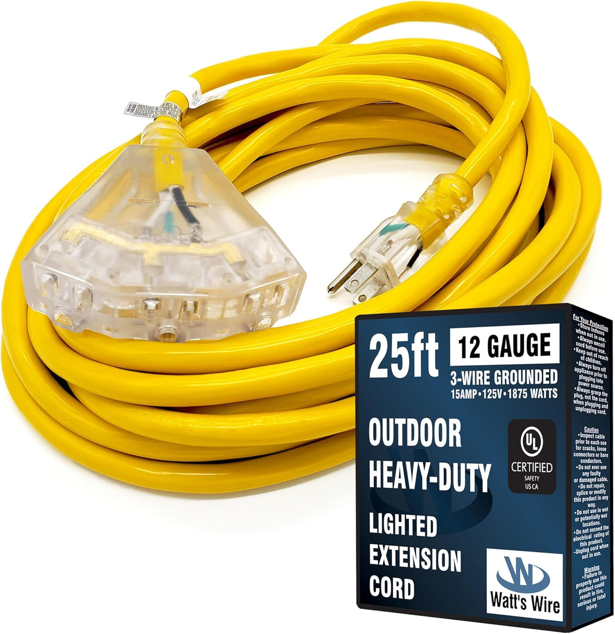 25 ft - 12 Gauge Heavy Duty Extension Cord - 3 Outlet Lighted SJTW -