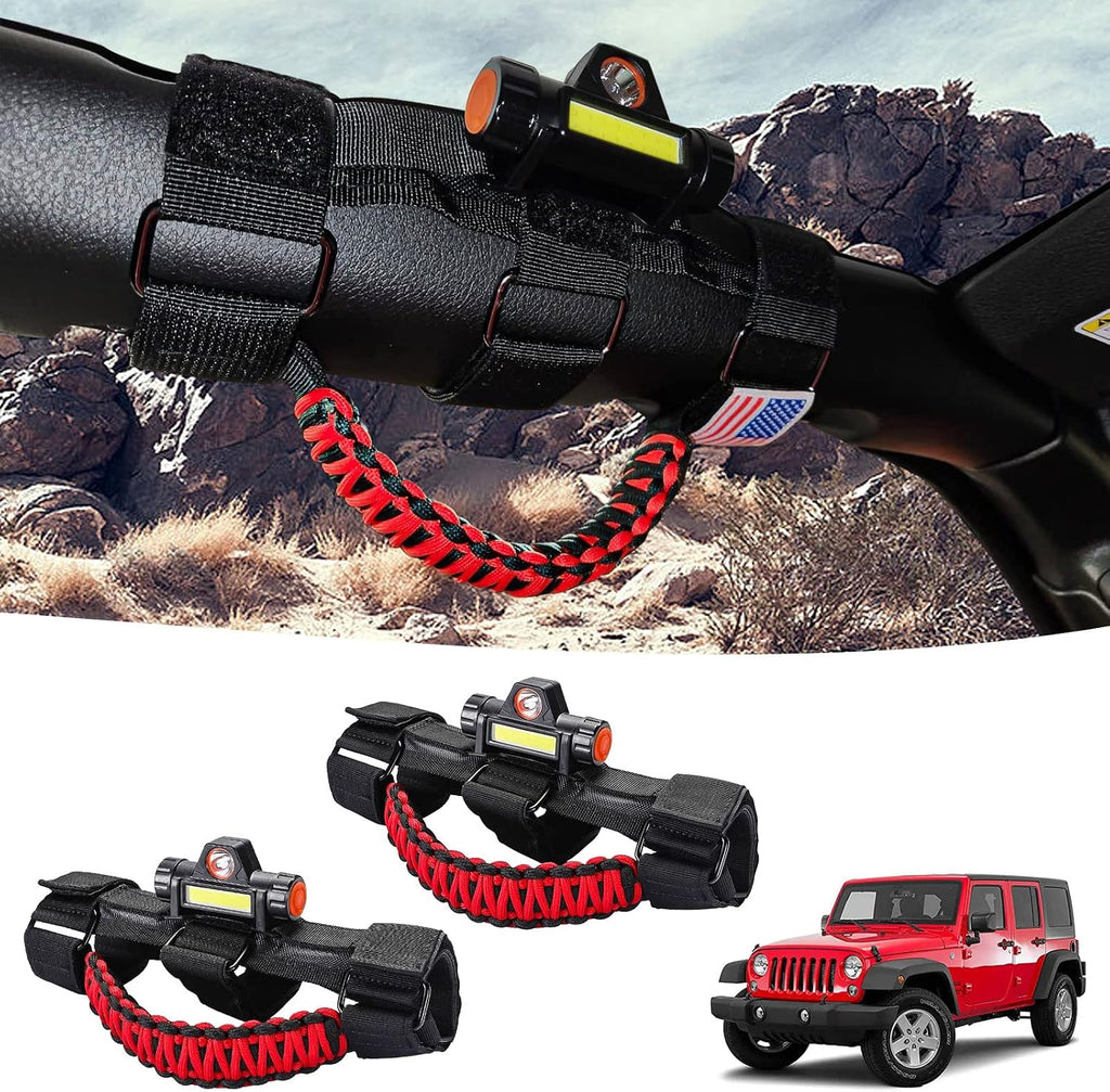GAIZON 2 Pack Grab Handles Roll Bar Paracord for Jeep Wrangler Accessories Sahara Freedom Rubicon CJ YJ TJ JL JK LJ JLU JKU,Gladiator JT 1955-2023 Interior Accessory,Grip Handle with LED Light(Red)