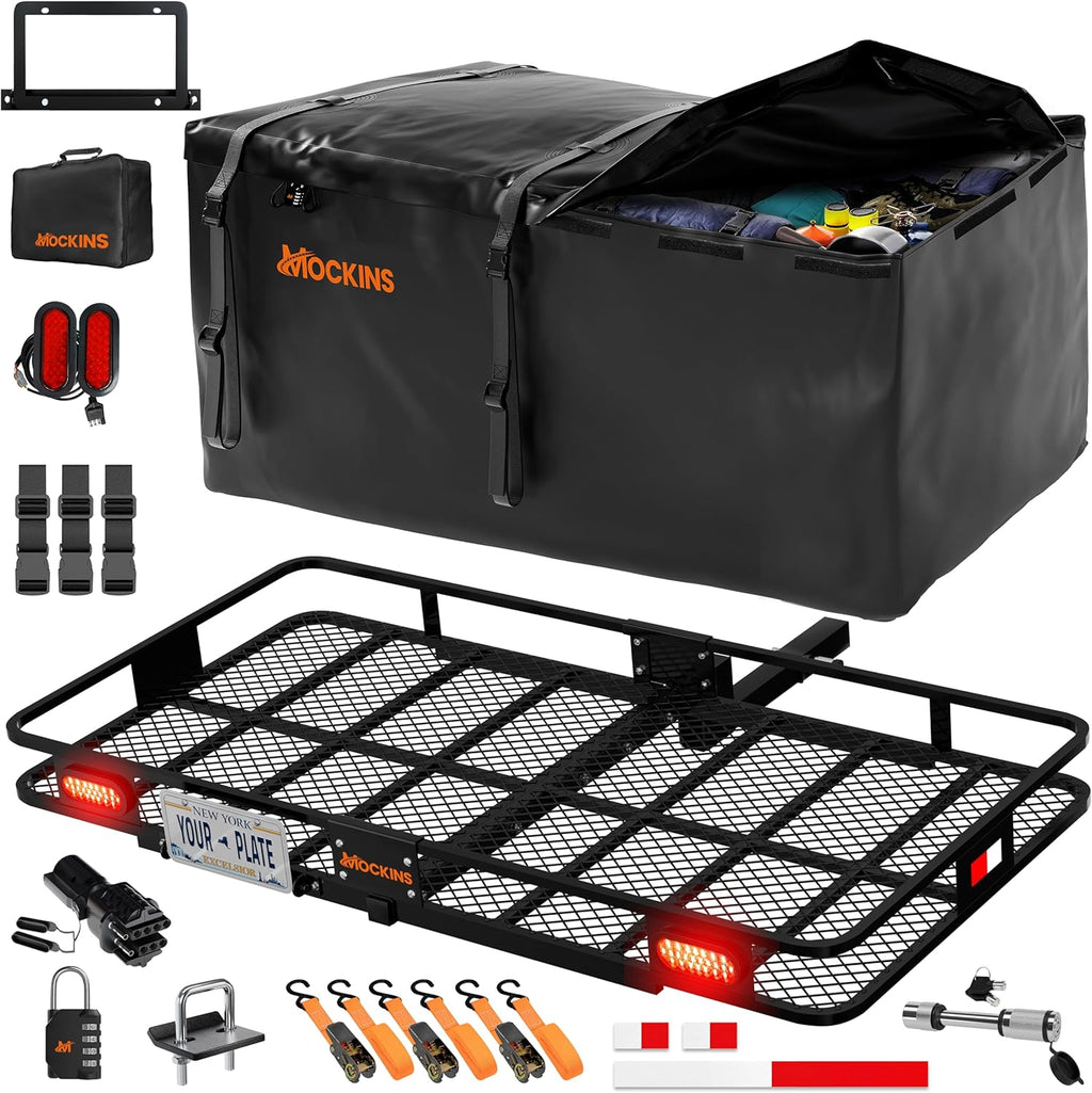 Mockins 72"x36"x6" XXL Folding Trailer Hitch Cargo Carrier w/ 500 Lbs Cap | W/ 50 CuFt Waterproof Cargo Bag for Hitch Carrier | Luggage Rack for SUV Car & Truck w/ Lights, License Plate Holder & More