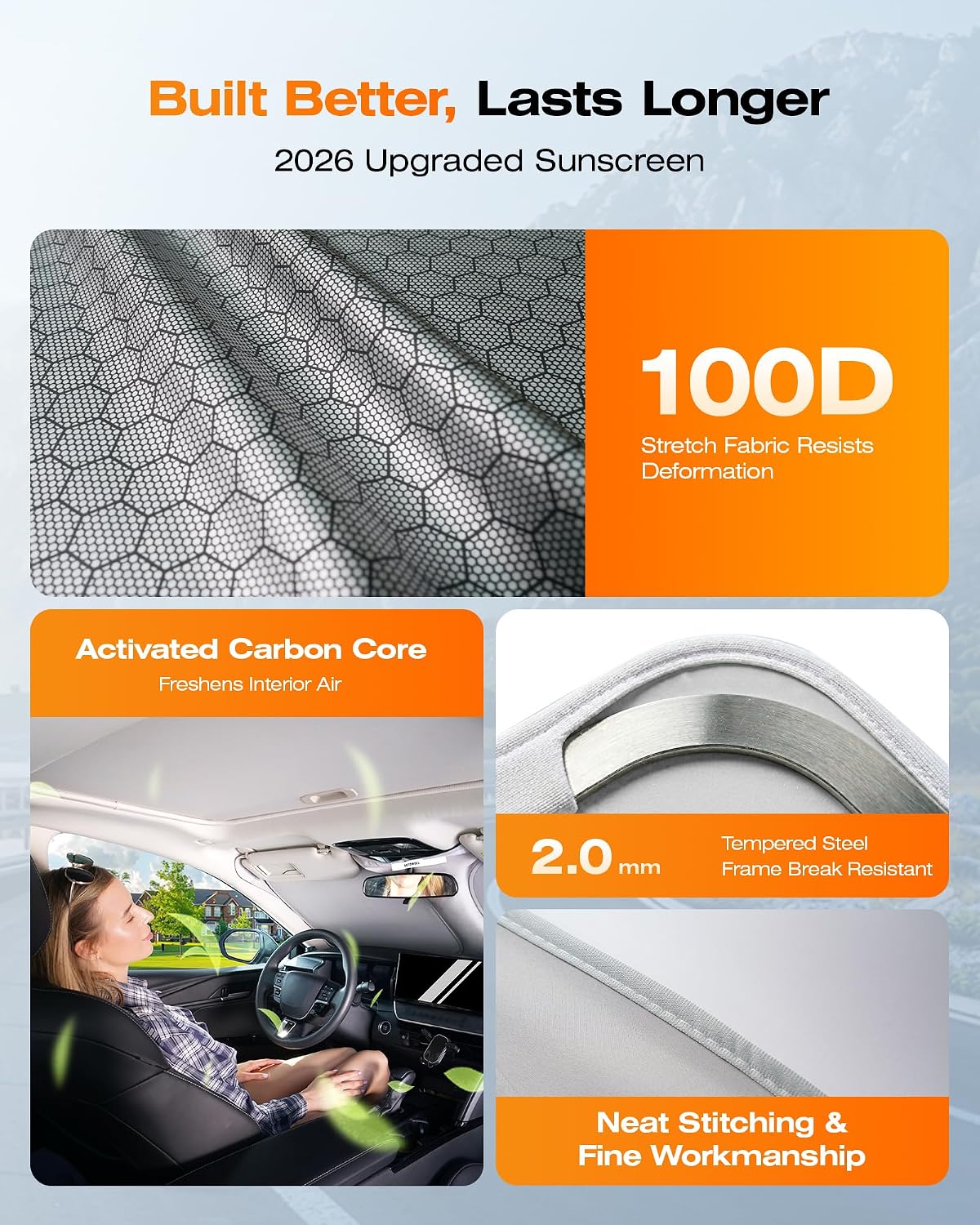 Windshield Sun Shade, Graphene & Activated Carbon Multi-Layer Front Windshield Sunshade, UV Blocking, Odor Absorbing, Foldable Car Sun Shade with Storage Bag (Medium 64"*32")