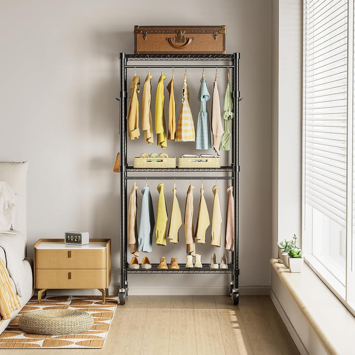 simple deluxe rolling clothes rack, heavy duty clothing shown in use