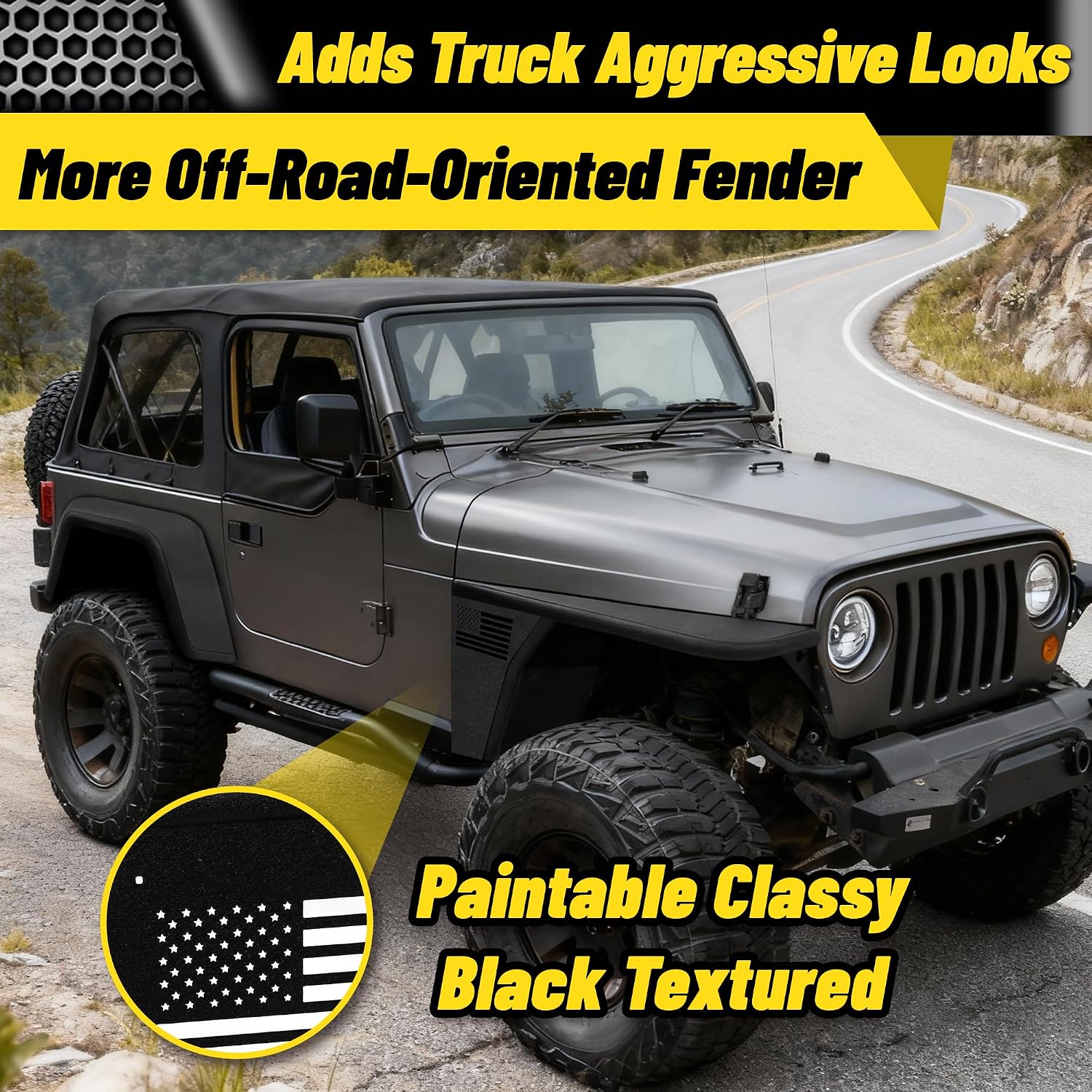 MONOKING 2PCS Front Flat Fender Flares for 1997-2006 Wrangler TJ, 2004-2006 Wrangler LJ 2/4 Door High Clearance Off-Road Heavy Duty Wheel Cover Paintable Carbon Steel No-Drill Bolt-On