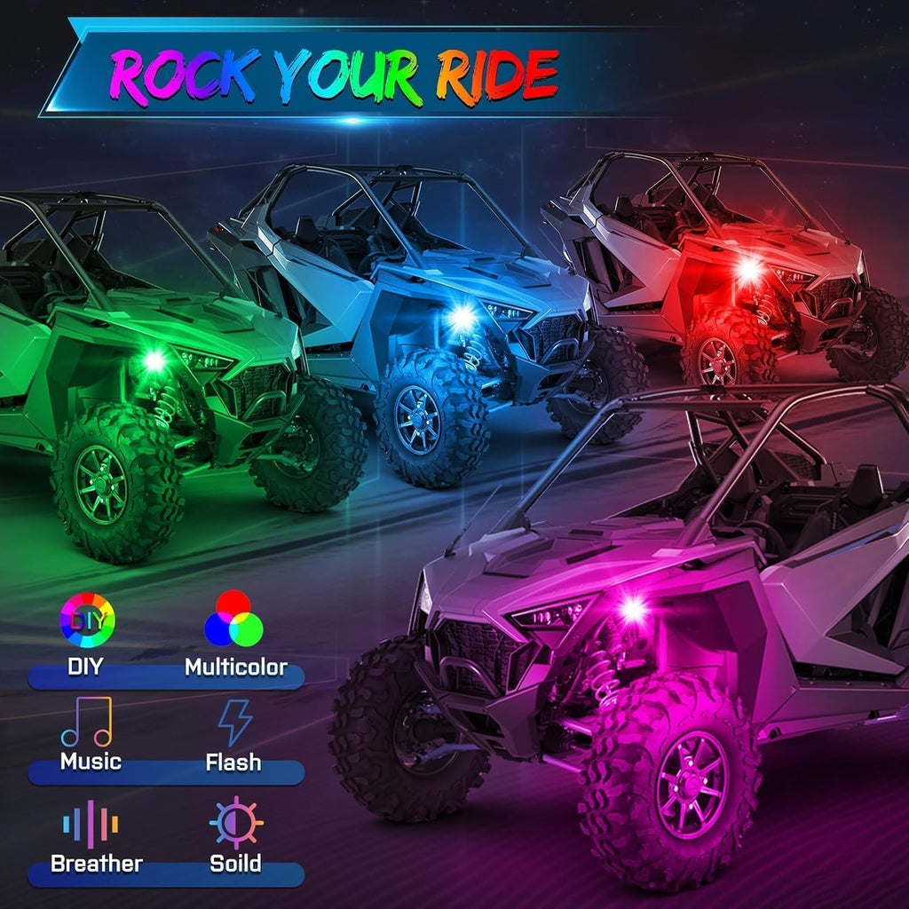 8 Pods Rock Lights w/Bluetooth & Wireless Remote Control LED Rock Light Kits Multicolor Underglow Wheel Well Lights for Truck Pickup Wrangler UTV ATV SUV Boat