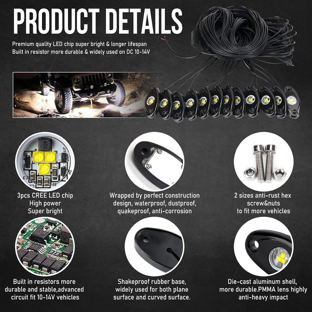 OPP ULITE White LED Rock Lights Kit, 12 Pods Underglow for Jeep Offroad Truck Car ATV SUV Boat Motorcycle Vehicle Under Body Glow Lamp Trail Fender Lighting (12pods Rock W)