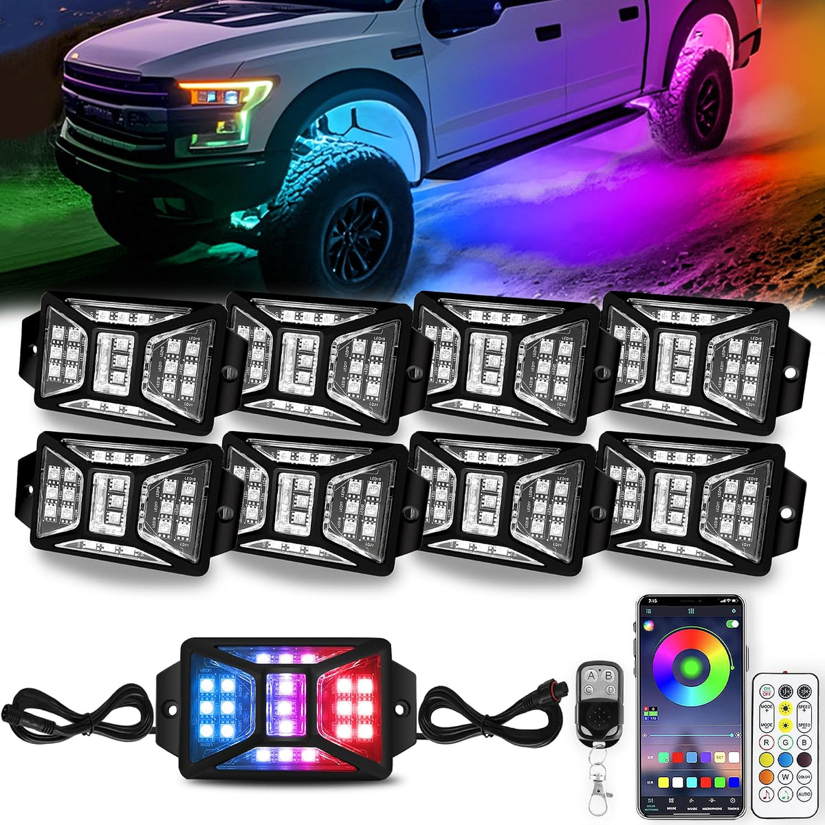 8 Pods 168 LEDs 5 Sides RGB Rock Lights, App/Remote Control Rock Lights