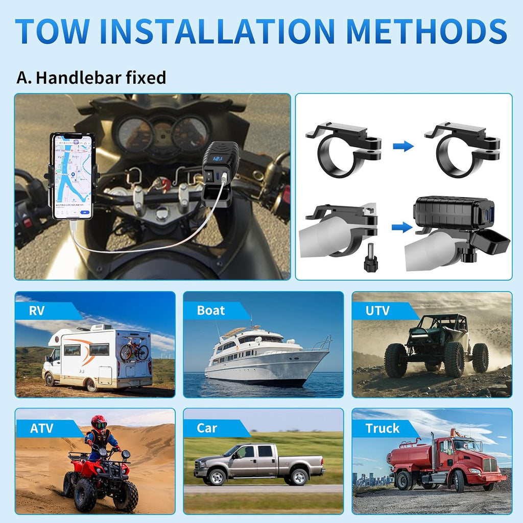 Motorcycle Phone Charger,Dual USB Type C PD & Quick Charge 3.0 Motorcycle USB Charger with Voltmeter & ON/Off Switch, Waterproof Motorcycle Accessories for Phone, Tablet, GPS, etc