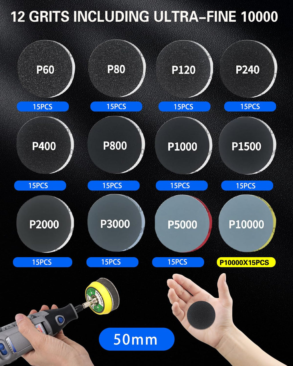 194 PCS 2 Inch Wet Dry Sanding Discs, Drill Polishing Kit with 60 to 10000 Grit Hook and Loop Sandpaper Assortment for Dremel, Headlight Restoration Kit with Buffing Pads for Auto Wood Metal Resin