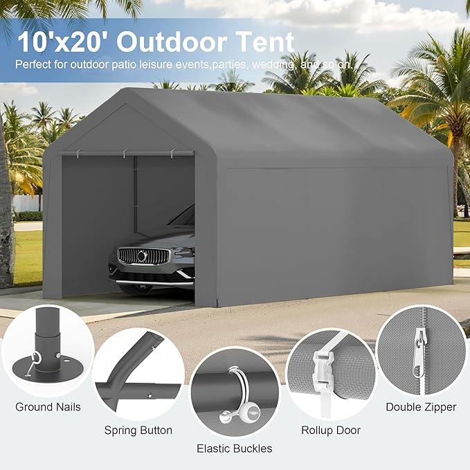 Carport 10x20 Heavy Duty Portable Garage w/Removable Sidewalls & Roll-Up Door - Image 2