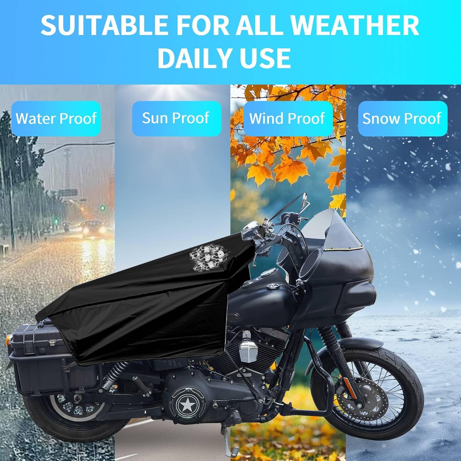 GARGOYLE BELLS Motorcycle Cover Seat Shade Cover Bike Covers Lightweight Half Covers Outdoor Sun Protection All Season Fits Various Motorcycle Models - Black with Skull, L