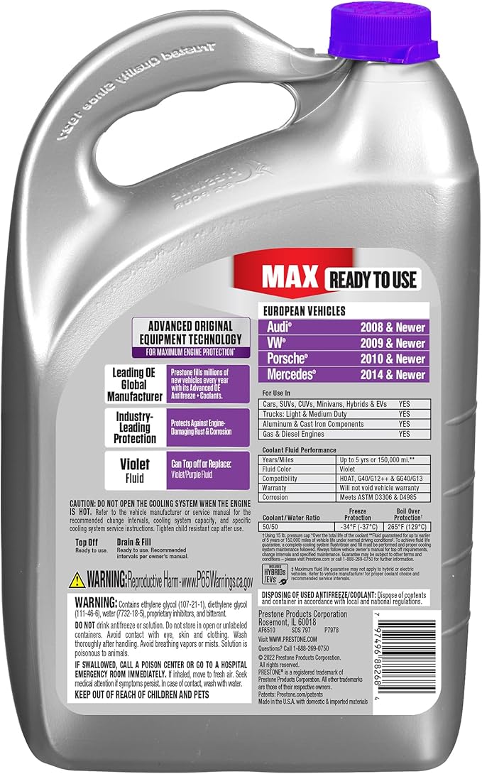 Prestone MAX Euro Violet 50/50 Antifreeze Automotive Coolant, Pack of One - Image 2