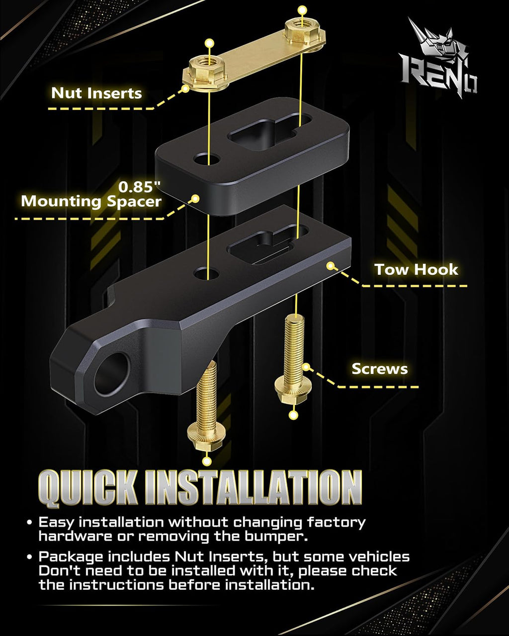 RENO Front Tow Hooks, Aluminum Recovery Hook Compatible with 2019-2023 Ranger 4x4 4x2 Trucks, Replaces OEM M-18954-RA M-18954-RAB (Black,2pcs)
