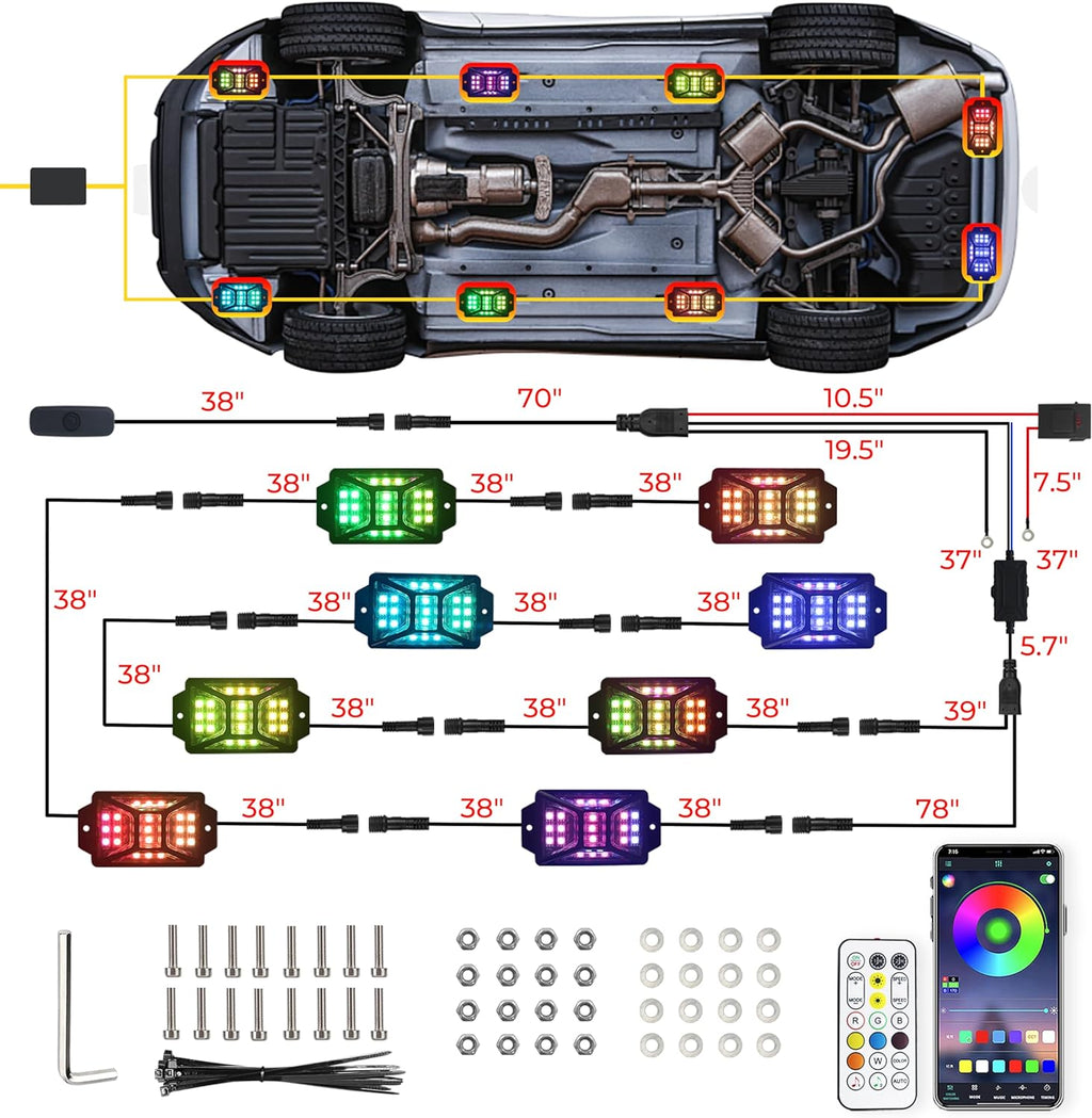 8 Pods Full Angle RGB Rock Lights Compatible with 12V Trucks Jeep UTV SUV ATV Boat Golf Cart, Waterproof, Multi-Color,Brake Light, App/Remote Control Led Rock Lights with Music Mode(Patented)