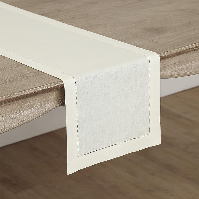 Solino Home Linen Ivory Table Runner 36 Inches - Classic Hemstitch, 100% Pure...
