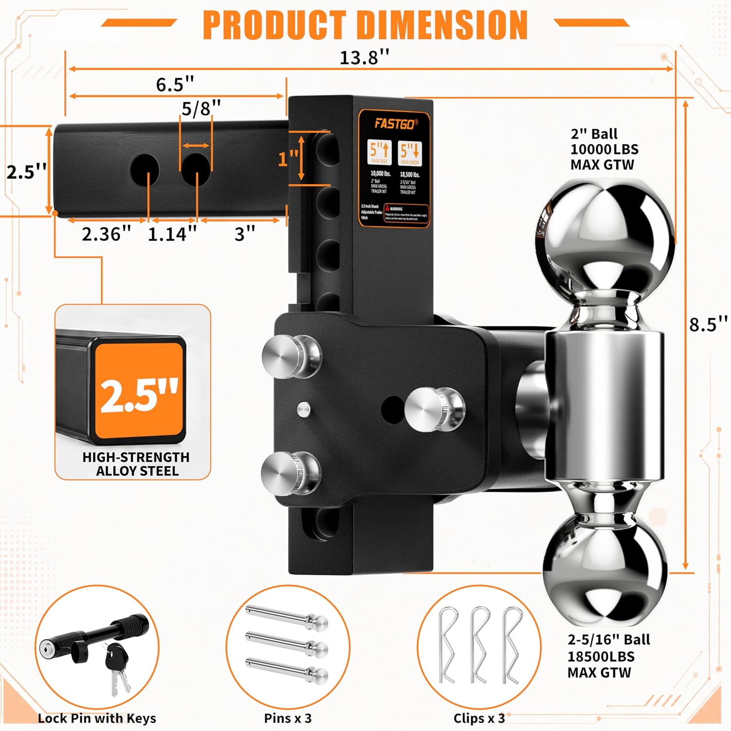 Fastgo Trailer Hitches - Fits 2.5" Receiver, Adjustable Trailer Hitch Ball Mount, Dual Ball (2" x 2-5/16") Tow Hitch, Drop Hitch, Truck Hitch, Anti-Theft, 5" Drop/Rise, 18500GTW