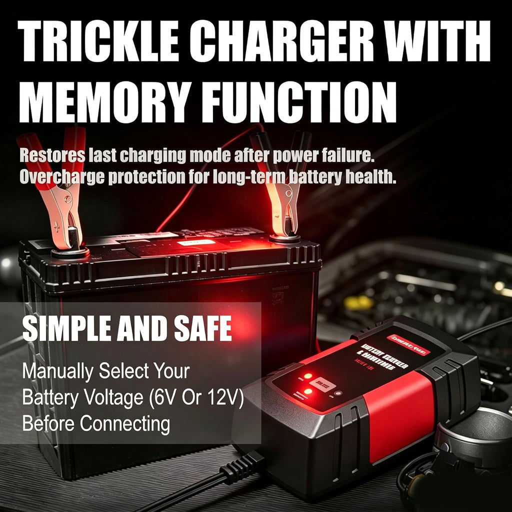 Smart Car Battery Charger,1.5A 6V/12V Maintainer,Automatic Tender Trickle Charger with Memory Function,LED Light,12FT Cables for Vehicle Lead-Acid & Lithium Batteries (Red)
