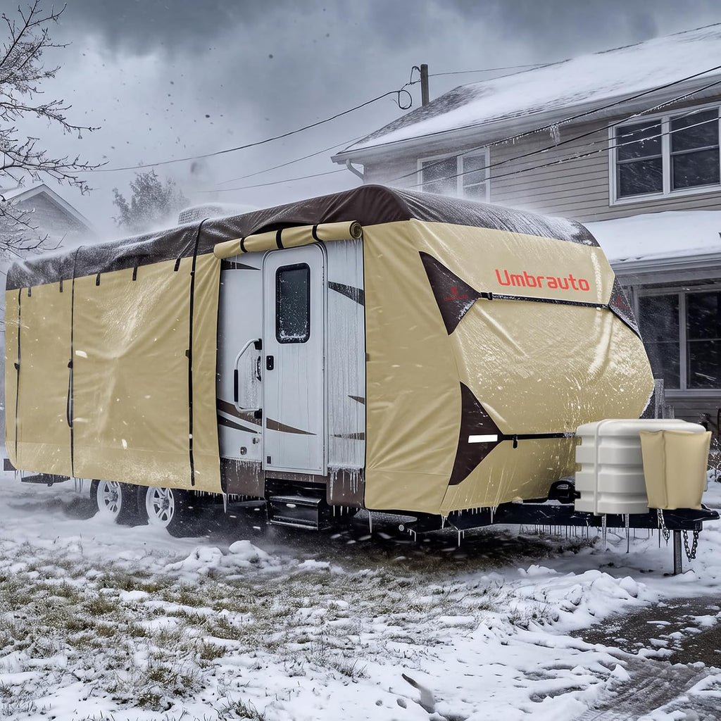 Umbrauto Travel Trailer RV Cover 24' ~ 27' – Upgraded 9-Layers Top Camper Cover, Waterproof & Windproof Heavy Duty Toy Hauler RV Cover for Winter Snow with Tongue Jack Cover, Gutter Covers
