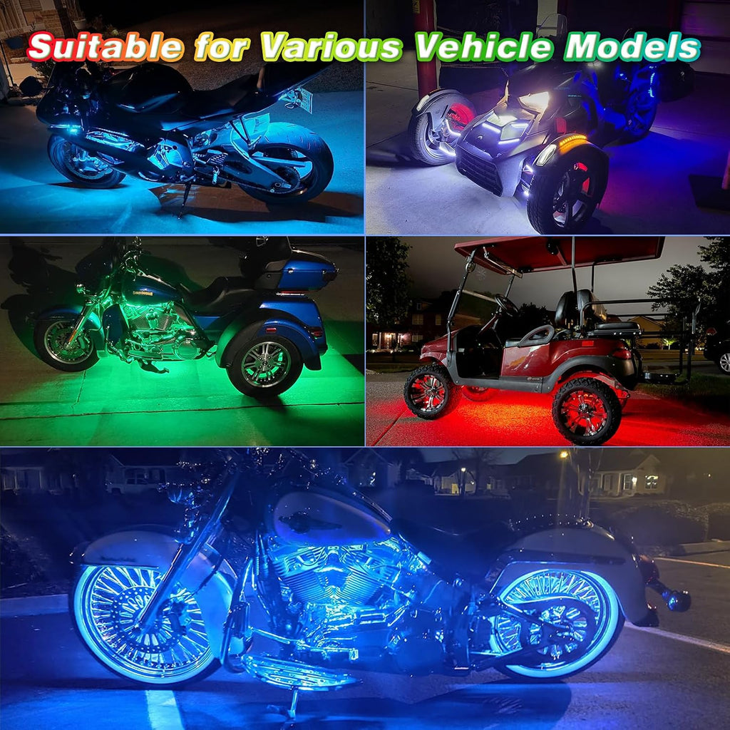 8PCS Chasing Dreamcolor Motorcycle LED Lights Kit with/APP/RF Remote Brake Turn Signal,RGB+IC Motorcycle underglow LED Strip Lights 12v Waterproof Music Mode Multicolor for Harley Honda Yamaha