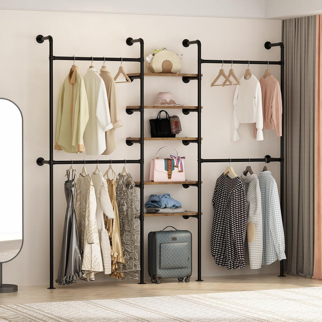 industrial pipe clothing racks with 5 shelves, wall shown in use