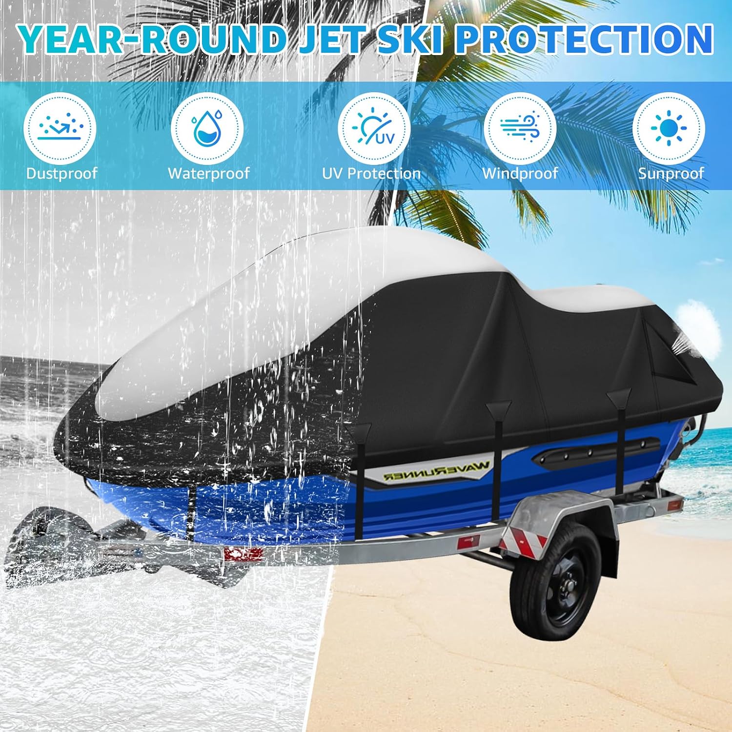 Jet Ski Cover 3 Seater,420D Waterproof Jetski Covers with 2 Vents & 4 Windproof Buckles UV Protection Universal Fits Yamaha Seadoo from 116" to 125"(Black Silver)