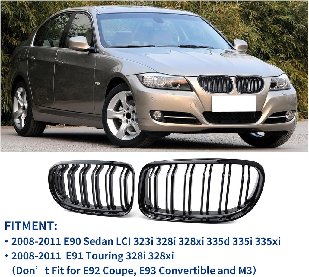 Front Grille Double Slats Front Grill for BMW E90 328i 318i 320i 323i 325i 330i 335i 2009-2011 - Front Kidney Grille (ABS Glossy Black)