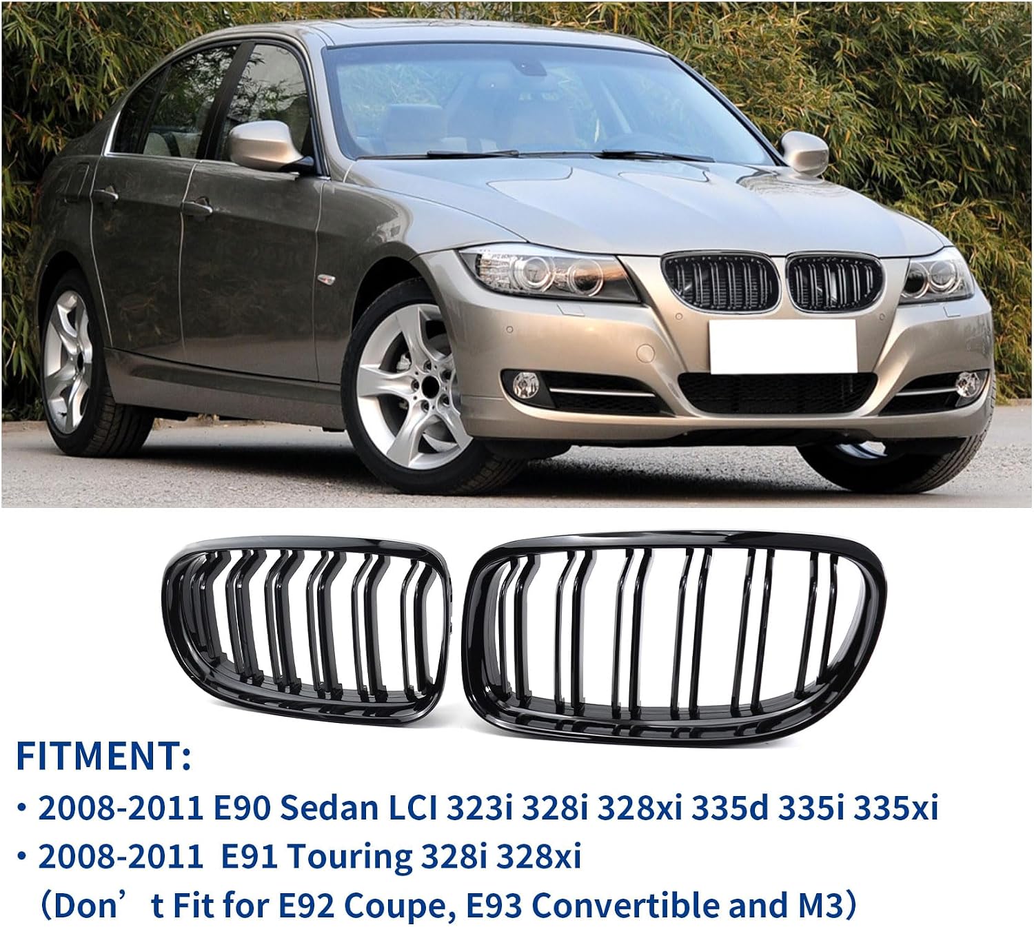 Front Grille Double Slats Front Grill for BMW E90 328i 318i 320i 323i 325i 330i 335i 2009-2011 - Front Kidney Grille (ABS Glossy Black)