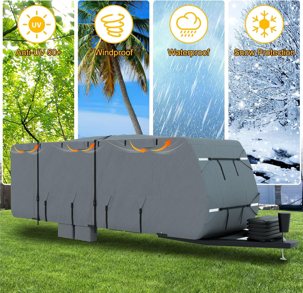 Mofeez Travel Trailer RV Cover, Extra-Thick Upgraded 7 Layers for Camper Cover 24'-27' Windproof Waterproof Rip-Stop RV Covers with Adhesive Repair Patches, 2Pcs Extra Straps & 4 Tire Covers