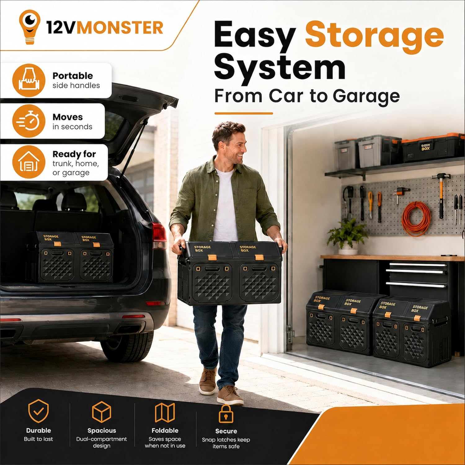 Hard Shell Trunk Organizer for SUV, Foldable Car Storage Box with 2 Compartments, Collapsible Cargo Organizer with Lid & Side Handles for Road Trips, Shoes, Groceries, Sports Gear, Garage Storage