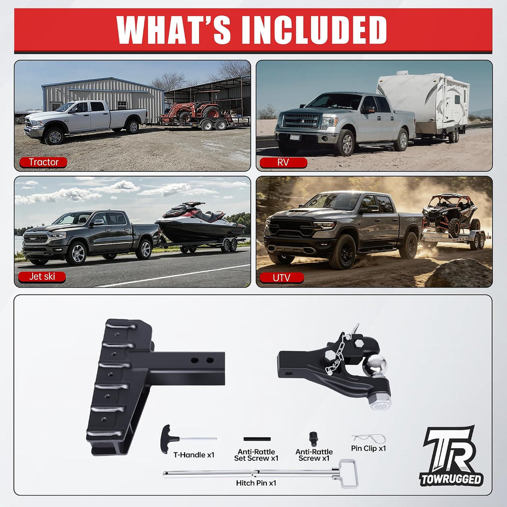 2-5/16"Ball Pintle Attachment Bundle with Adjustable Channel Mount Hitch, 6-7/16" Drop 6-5/8"Rise 20,000 LBS 2.0" Receiver