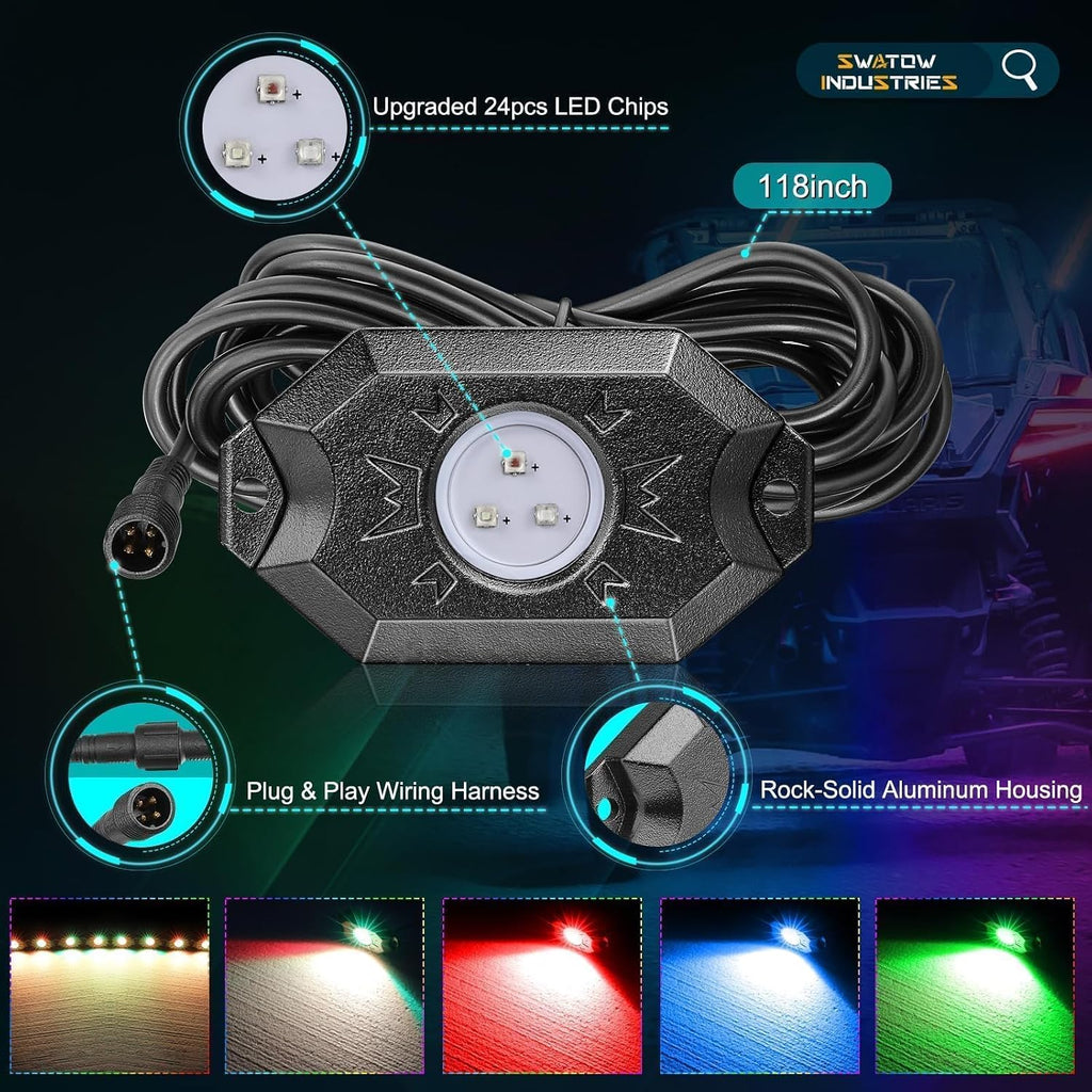 8 Pods Rock Lights w/Bluetooth & Wireless Remote Control LED Rock Light Kits Multicolor Underglow Wheel Well Lights for Truck Pickup Wrangler UTV ATV SUV Boat