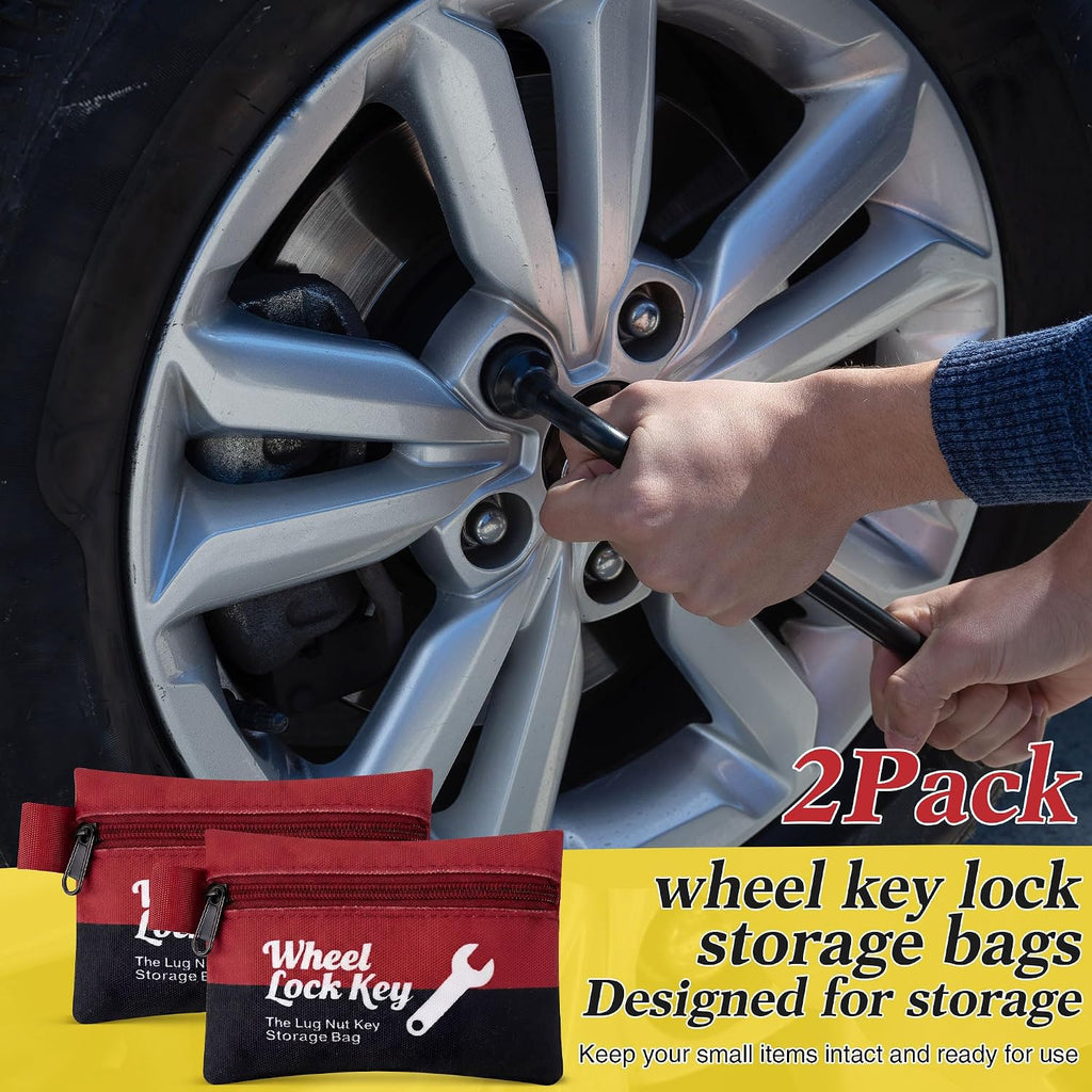 Saillong 2Pack Wheel Lock Key Storage Pouch, Canvas Wheel Lock Key Storage Bag with Zipper, Easily and Safely Stores Locks, Locking Nuts, Nut Keys Spare Lug Nuts, and More(Red)